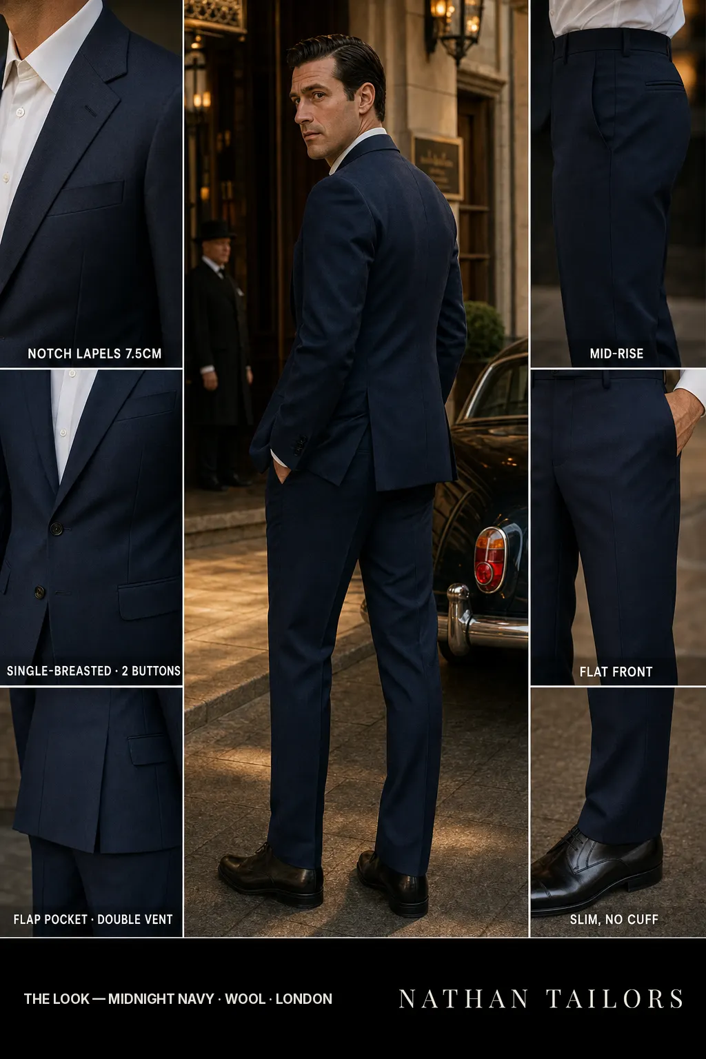 midnight navy single-breasted notch-lapel bespoke suit — AI-rendered by Nathan Tailors, the Hoi An custom tailor. Available as a custom tailored suit from $169.