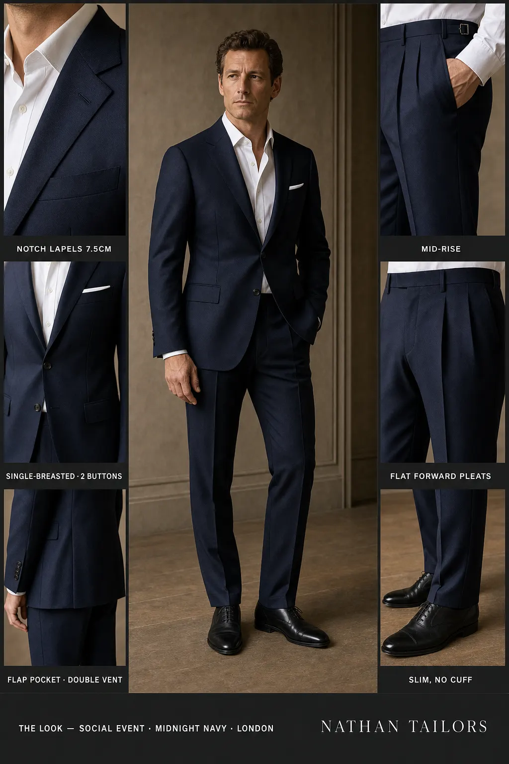 midnight navy single-breasted notch-lapel bespoke suit — AI-rendered by Nathan Tailors, the Hoi An custom tailor. Available as a custom tailored suit from $149.