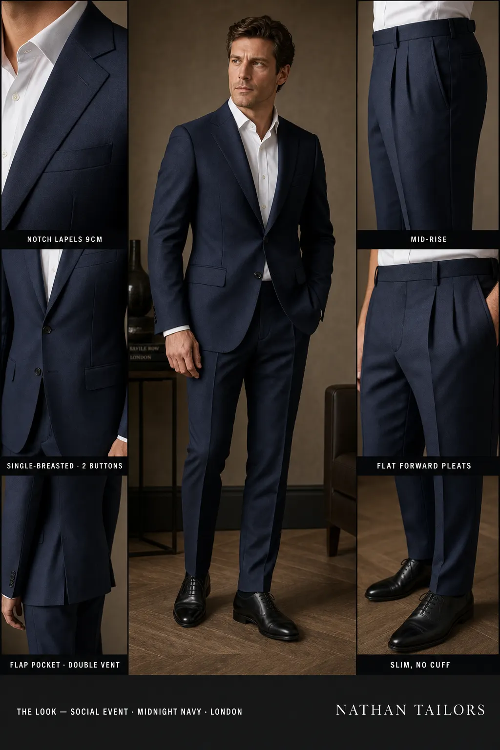 midnight navy single-breasted notch-lapel bespoke suit — AI-rendered by Nathan Tailors, the Hoi An custom tailor. Available as a custom tailored suit from $149.