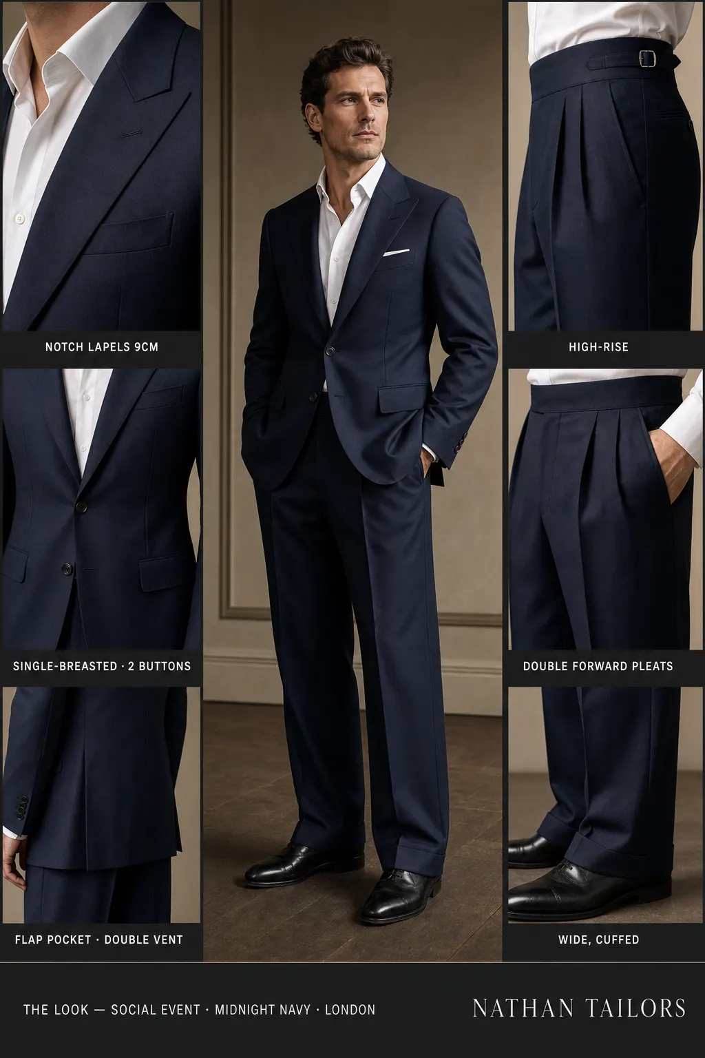 midnight navy single-breasted notch-lapel bespoke suit — AI-rendered by Nathan Tailors, the Hoi An custom tailor. Available as a custom tailored suit from $149.