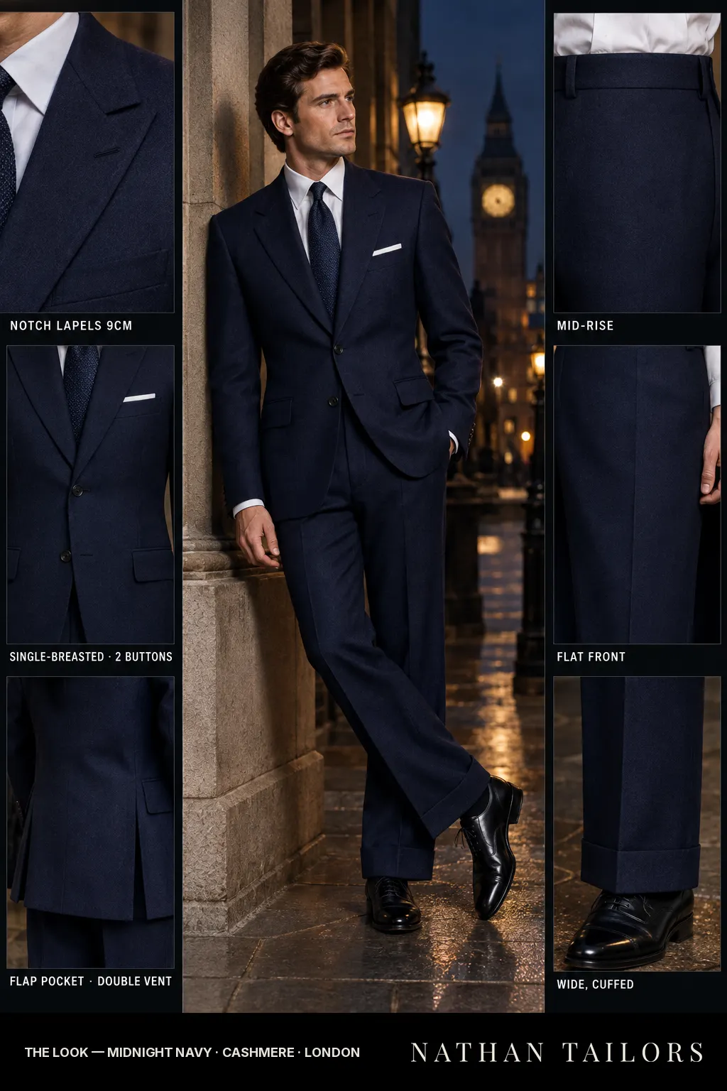 midnight navy single-breasted bespoke suit โ custom tailored by Nathan Tailors, the Hoi An custom tailor