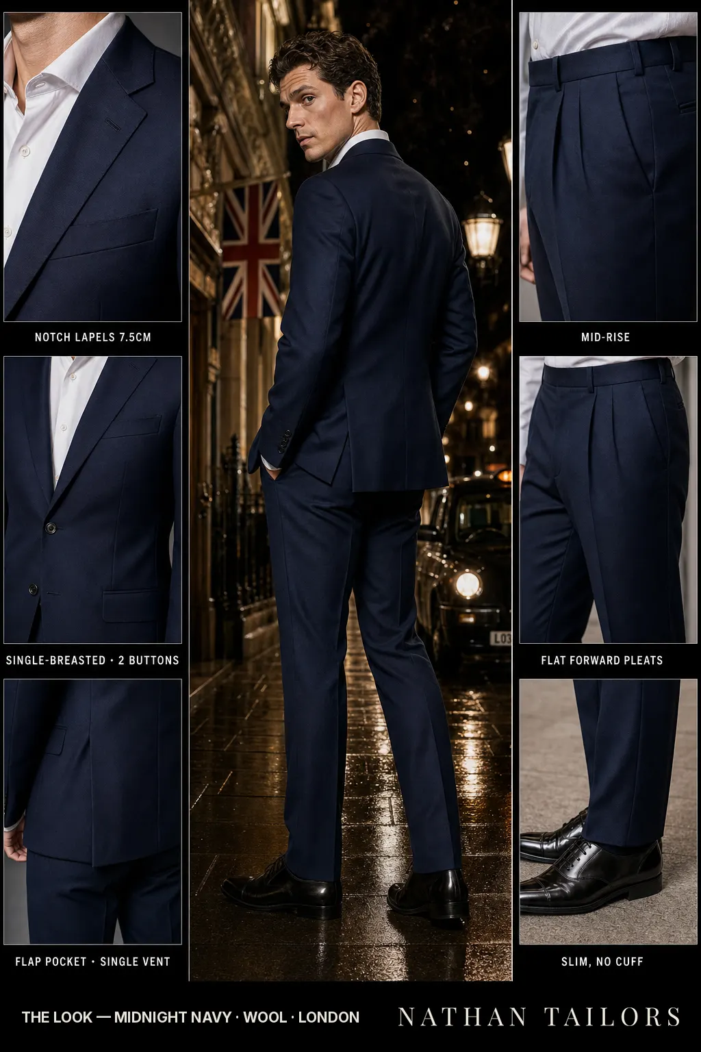 midnight navy single-breasted notch-lapel bespoke suit — AI-rendered by Nathan Tailors, the Hoi An custom tailor. Available as a custom tailored suit from $149.