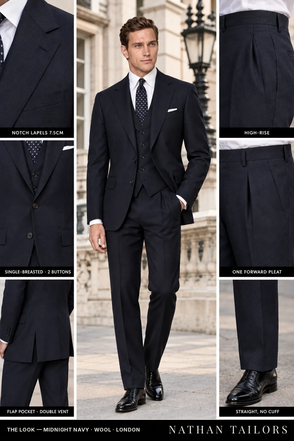 midnight navy single-breasted bespoke suit — custom tailored by Nathan Tailors, the Hoi An custom tailor