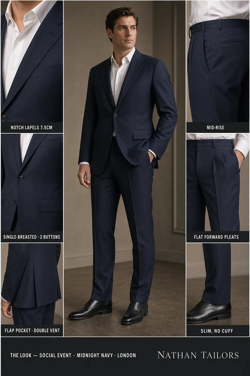 midnight navy single-breasted notch-lapel bespoke suit — AI-rendered by Nathan Tailors, the Hoi An custom tailor. Available as a custom tailored suit from $149.
