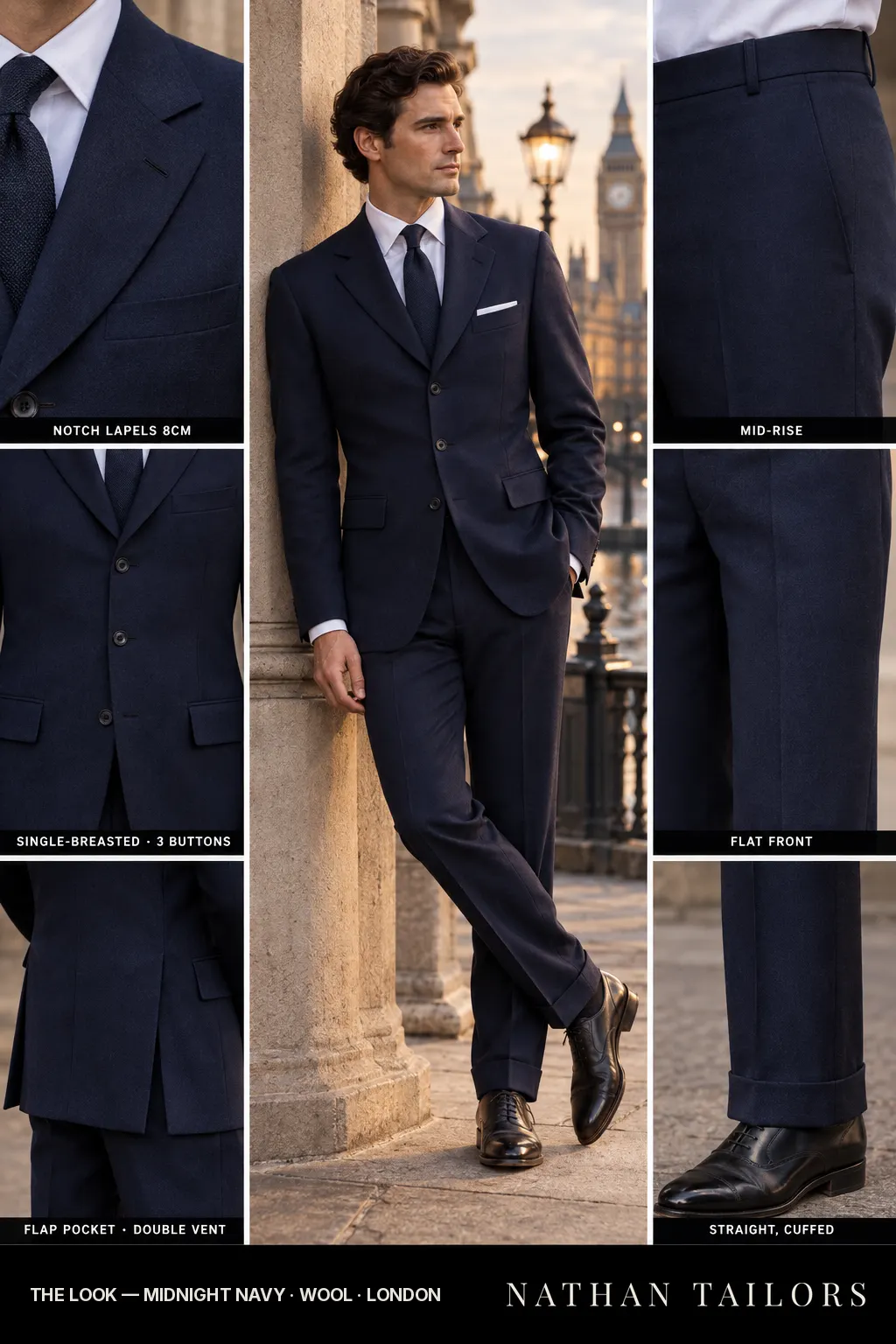 midnight navy single-breasted bespoke suit โ custom tailored by Nathan Tailors, the Hoi An custom tailor