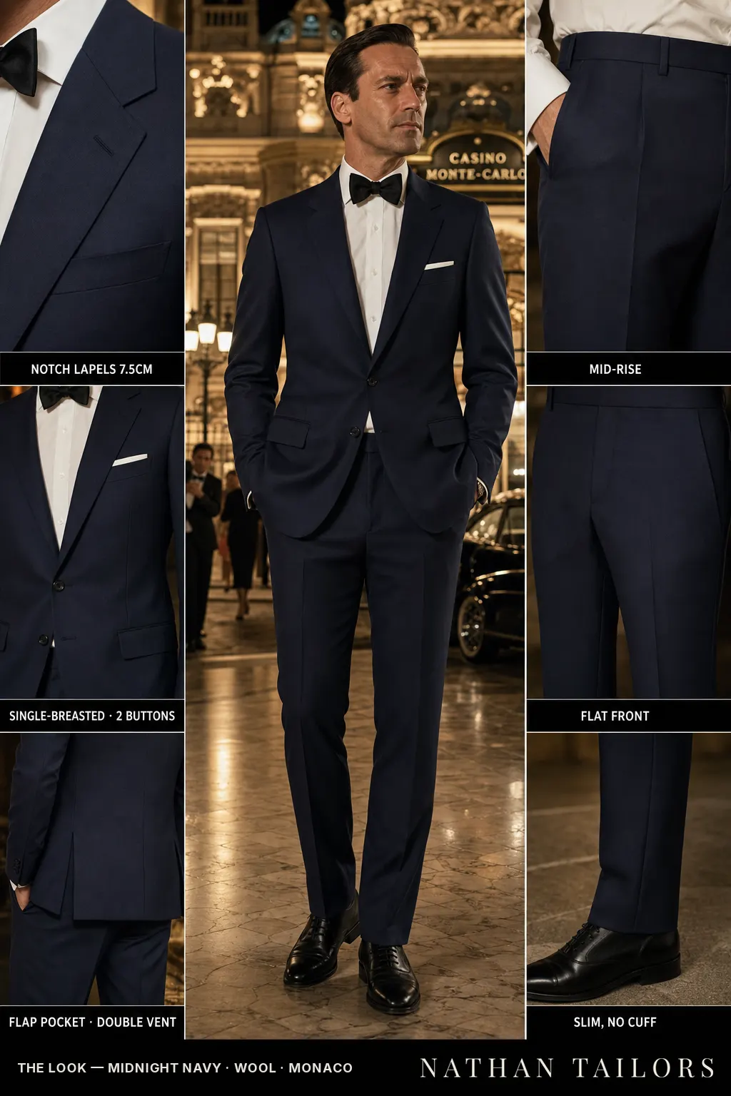 midnight navy single-breasted notch-lapel bespoke suit โ AI-rendered by Nathan Tailors, the Hoi An custom tailor. Available as a custom tailored suit from $149.