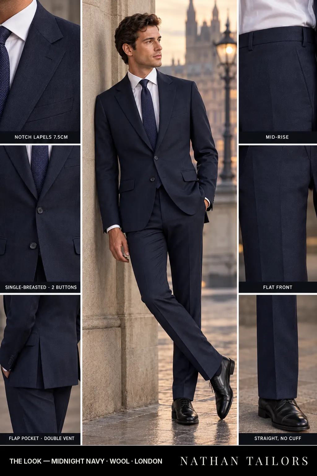 midnight navy single-breasted notch-lapel bespoke suit โ AI-rendered by Nathan Tailors, the Hoi An custom tailor. Available as a custom tailored suit from $169.