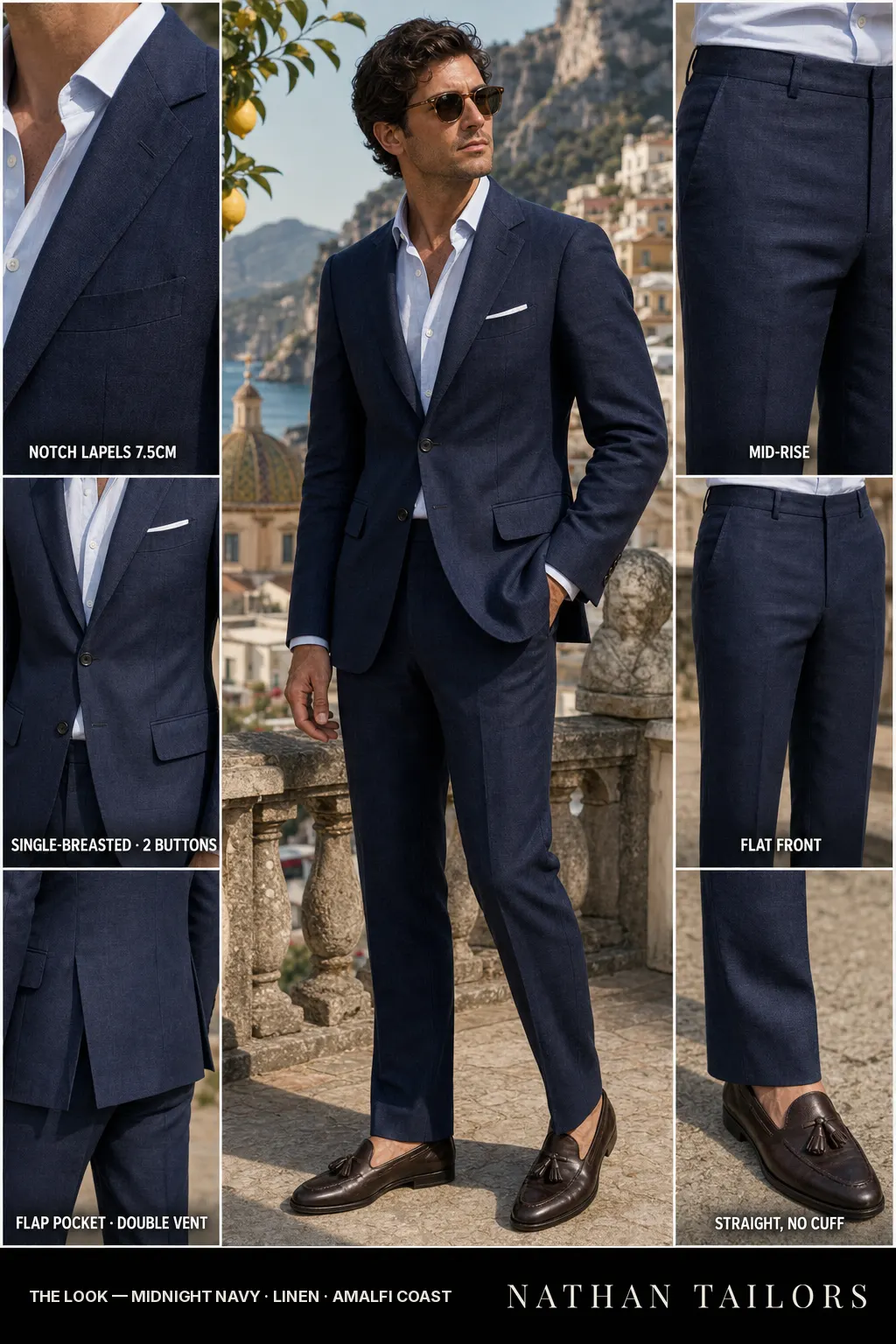 midnight navy single-breasted notch-lapel bespoke suit โ AI-rendered by Nathan Tailors, the Hoi An custom tailor. Available as a custom tailored suit from $149.