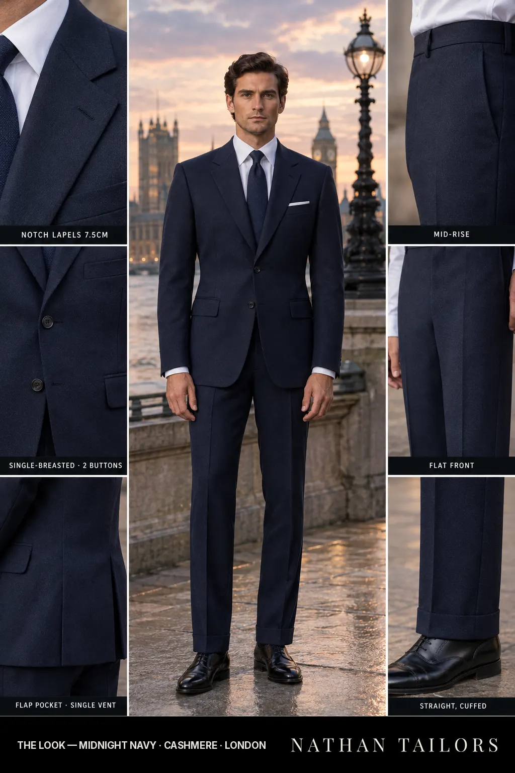 midnight navy single-breasted bespoke suit — custom tailored by Nathan Tailors, the Hoi An custom tailor