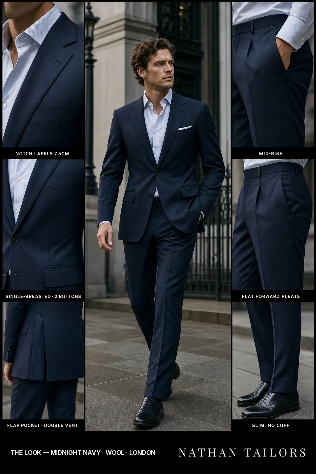 midnight navy single-breasted notch-lapel bespoke suit — AI-rendered by Nathan Tailors, the Hoi An custom tailor. Available as a custom tailored suit from $149.