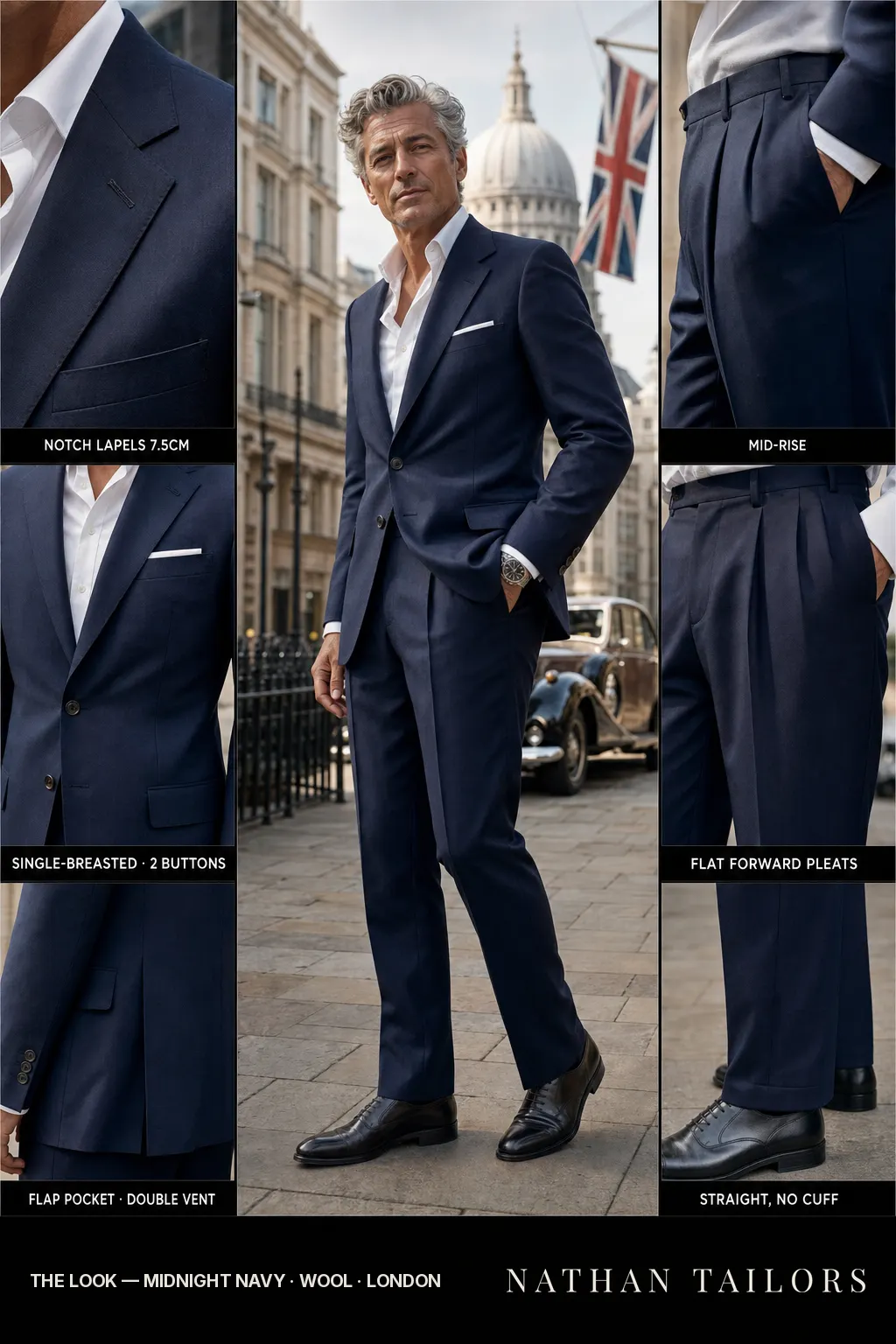 midnight navy single-breasted notch-lapel bespoke suit — AI-rendered by Nathan Tailors, the Hoi An custom tailor. Available as a custom tailored suit from $149.