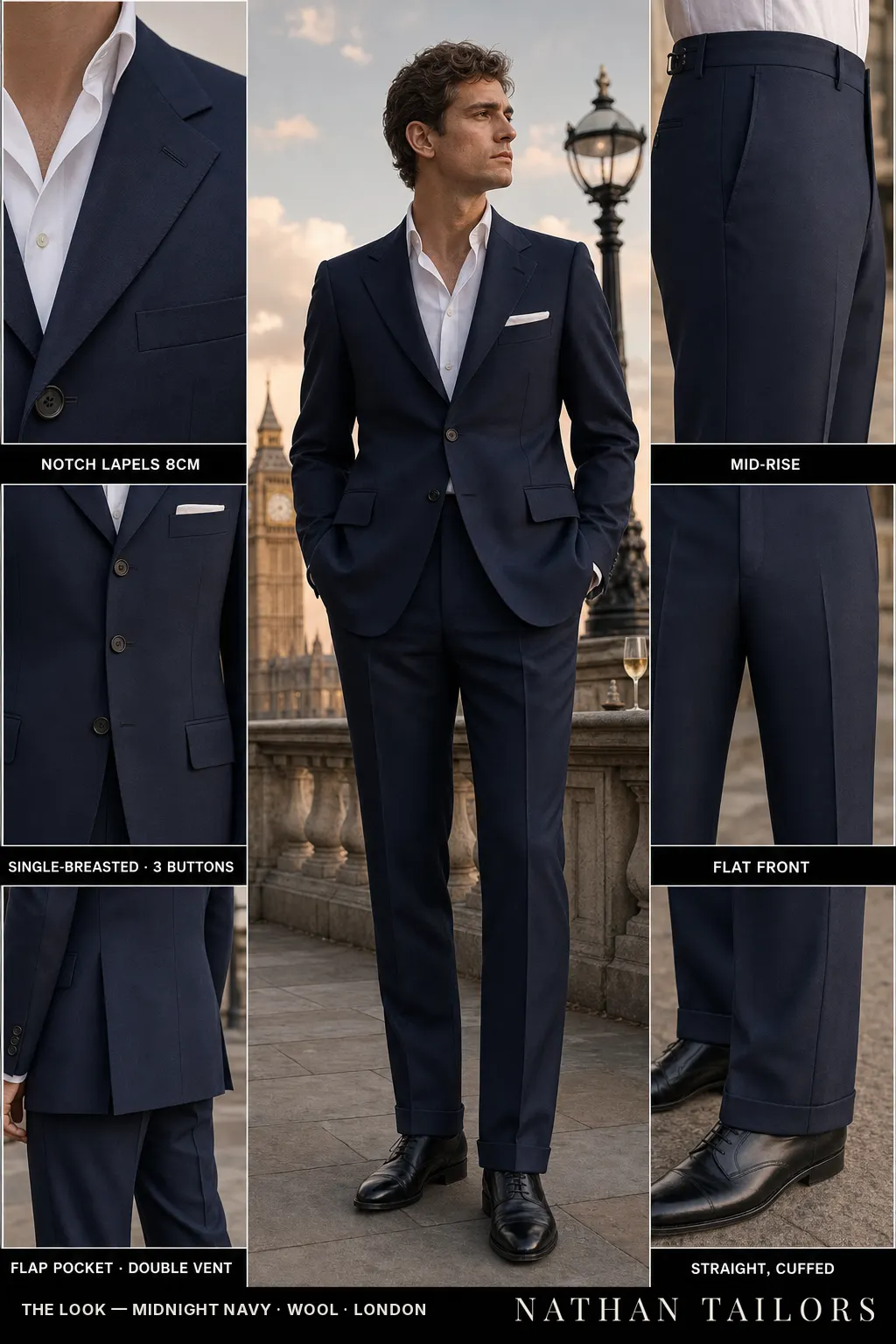 midnight navy single-breasted notch-lapel bespoke suit — AI-rendered by Nathan Tailors, the Hoi An custom tailor. Available as a custom tailored suit from $149.