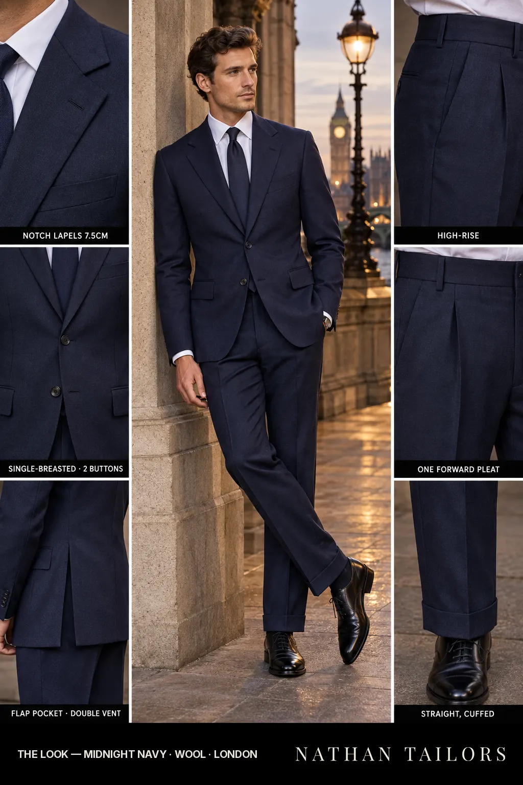 midnight navy single-breasted notch-lapel bespoke suit โ AI-rendered by Nathan Tailors, the Hoi An custom tailor. Available as a custom tailored suit from $149.