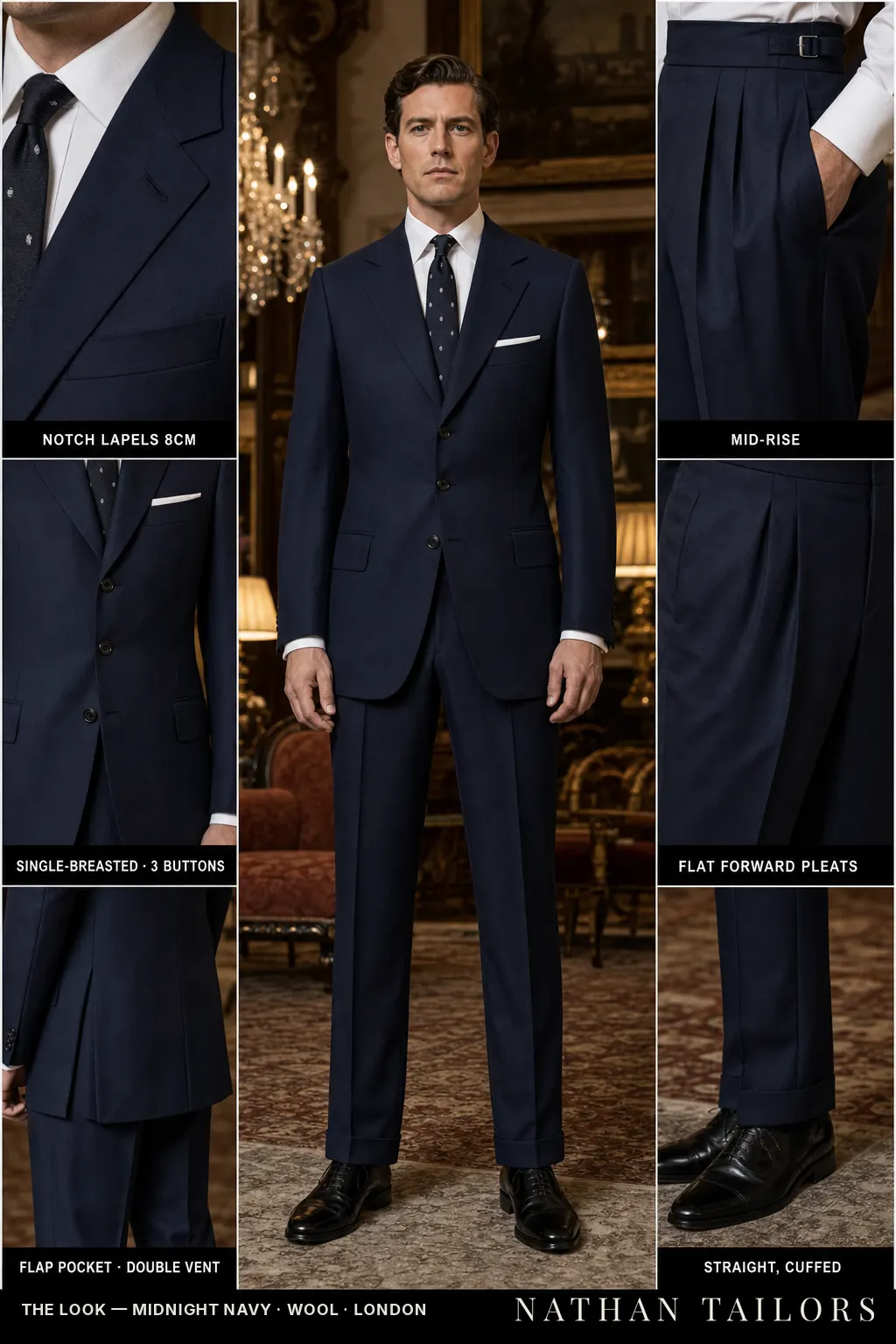 midnight navy single-breasted notch-lapel bespoke suit — AI-rendered by Nathan Tailors, the Hoi An custom tailor. Available as a custom tailored suit from $149.