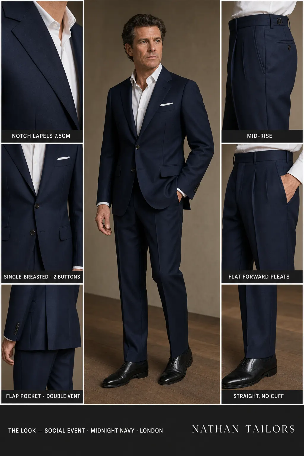 midnight navy single-breasted notch-lapel bespoke suit — AI-rendered by Nathan Tailors, the Hoi An custom tailor. Available as a custom tailored suit from $149.