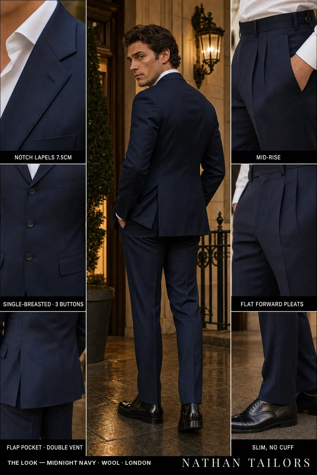 midnight navy single-breasted notch-lapel bespoke suit — AI-rendered by Nathan Tailors, the Hoi An custom tailor. Available as a custom tailored suit from $149.