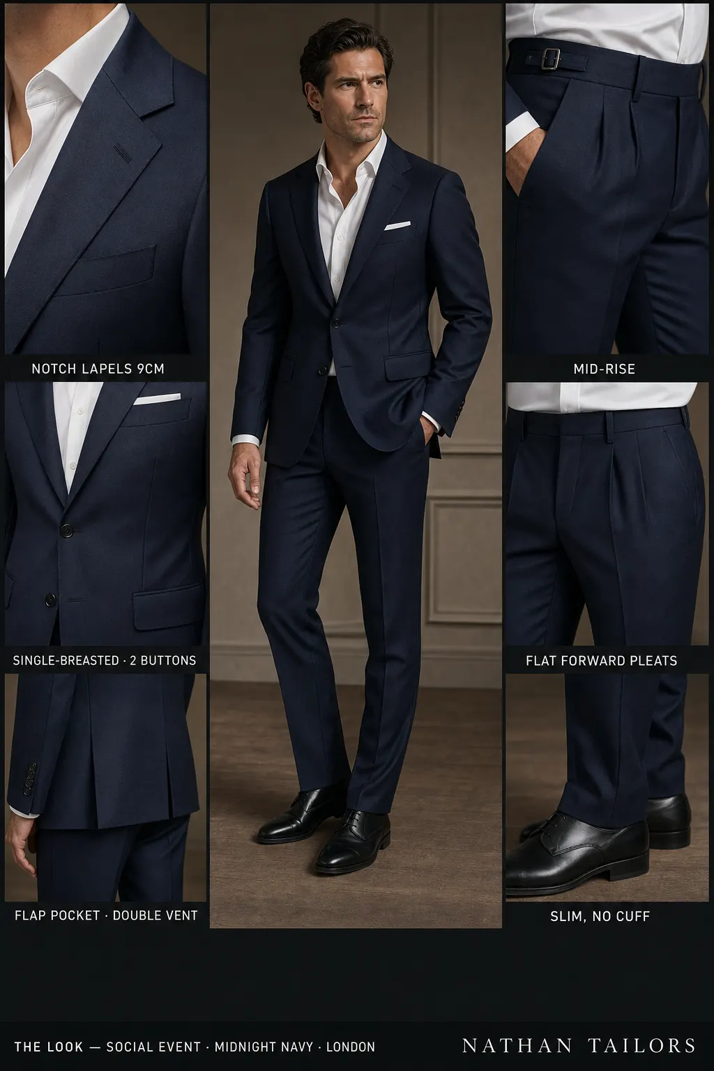 midnight navy single-breasted notch-lapel bespoke suit โ AI-rendered by Nathan Tailors, the Hoi An custom tailor. Available as a custom tailored suit from $149.