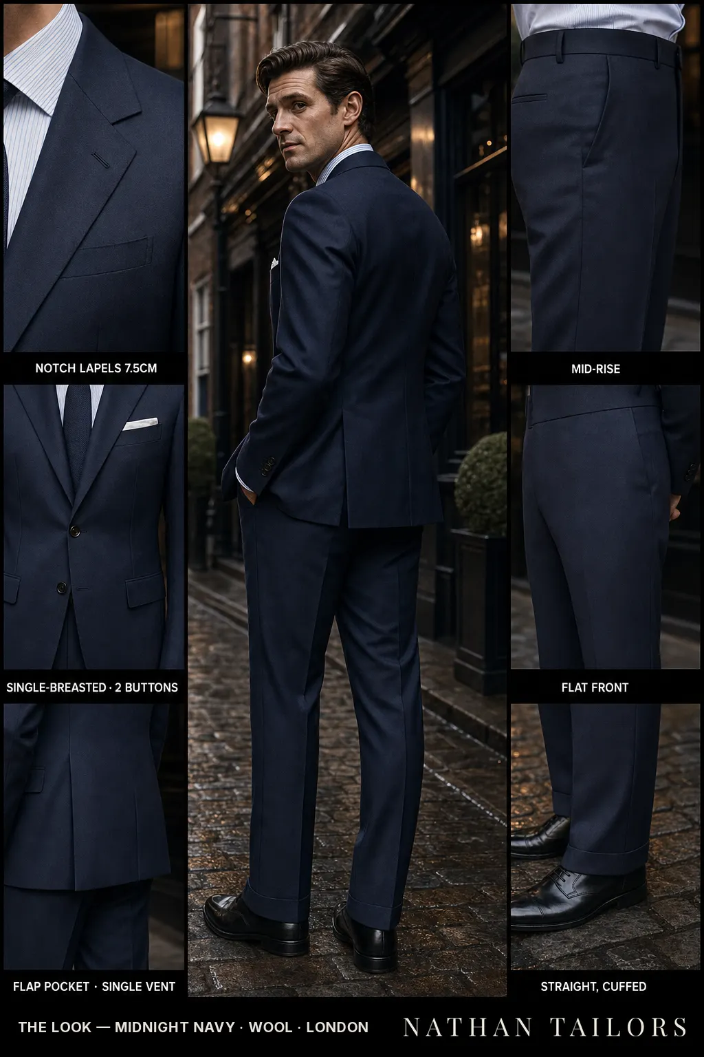 midnight navy single-breasted notch-lapel bespoke suit — AI-rendered by Nathan Tailors, the Hoi An custom tailor. Available as a custom tailored suit from $149.