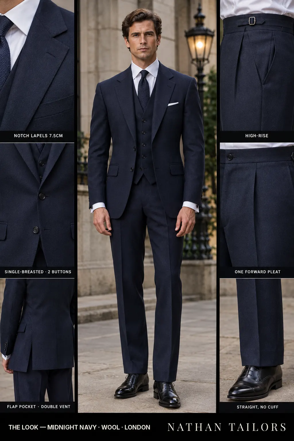 midnight navy single-breasted notch-lapel bespoke suit — AI-rendered by Nathan Tailors, the Hoi An custom tailor. Available as a custom tailored suit from $149.