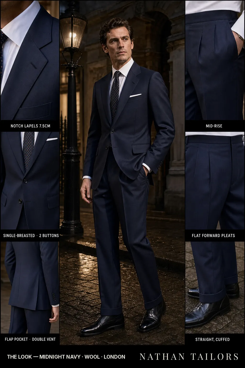 midnight navy single-breasted notch-lapel bespoke suit — AI-rendered by Nathan Tailors, the Hoi An custom tailor. Available as a custom tailored suit from $149.