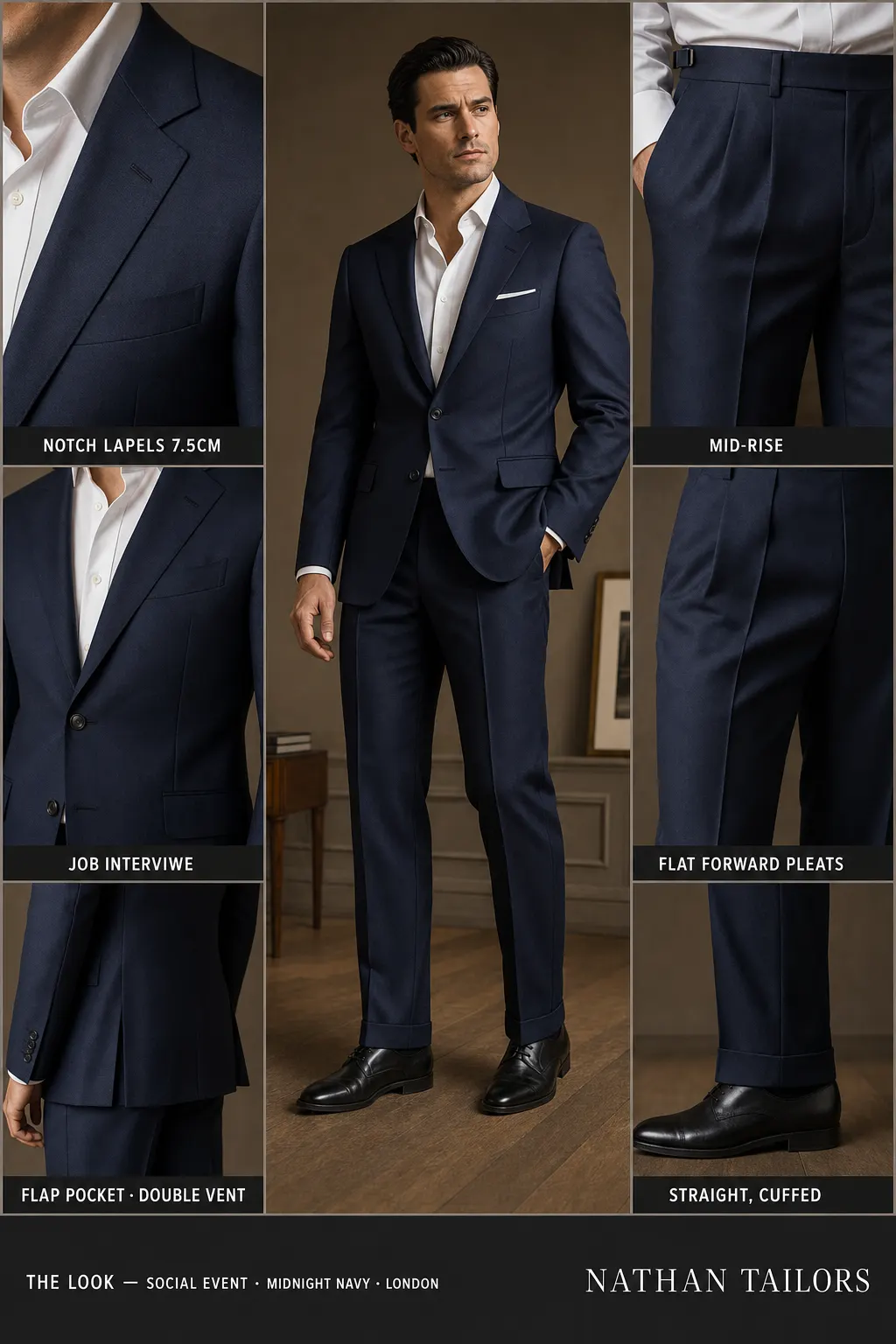 midnight navy single-breasted notch-lapel bespoke suit โ AI-rendered by Nathan Tailors, the Hoi An custom tailor. Available as a custom tailored suit from $149.