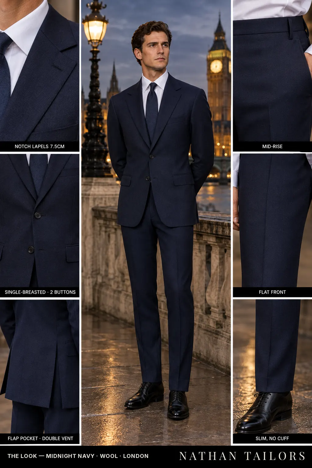 midnight navy single-breasted bespoke suit โ custom tailored by Nathan Tailors, the Hoi An custom tailor