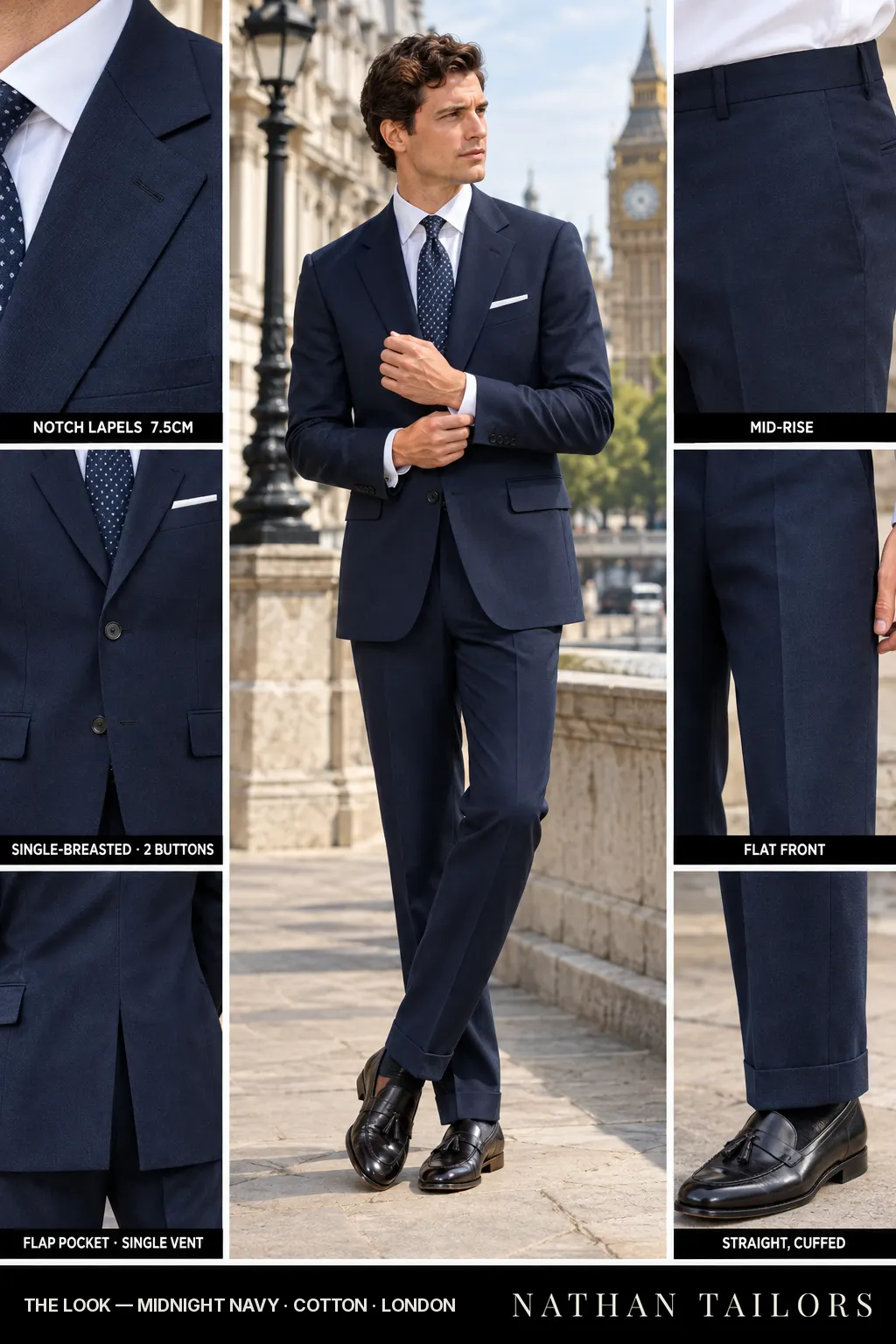 midnight navy single-breasted bespoke suit โ custom tailored by Nathan Tailors, the Hoi An custom tailor