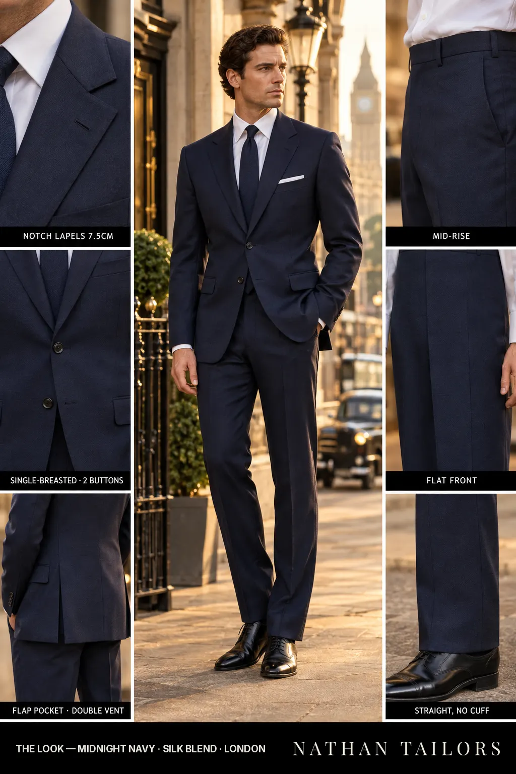 midnight navy single-breasted bespoke suit โ custom tailored by Nathan Tailors, the Hoi An custom tailor