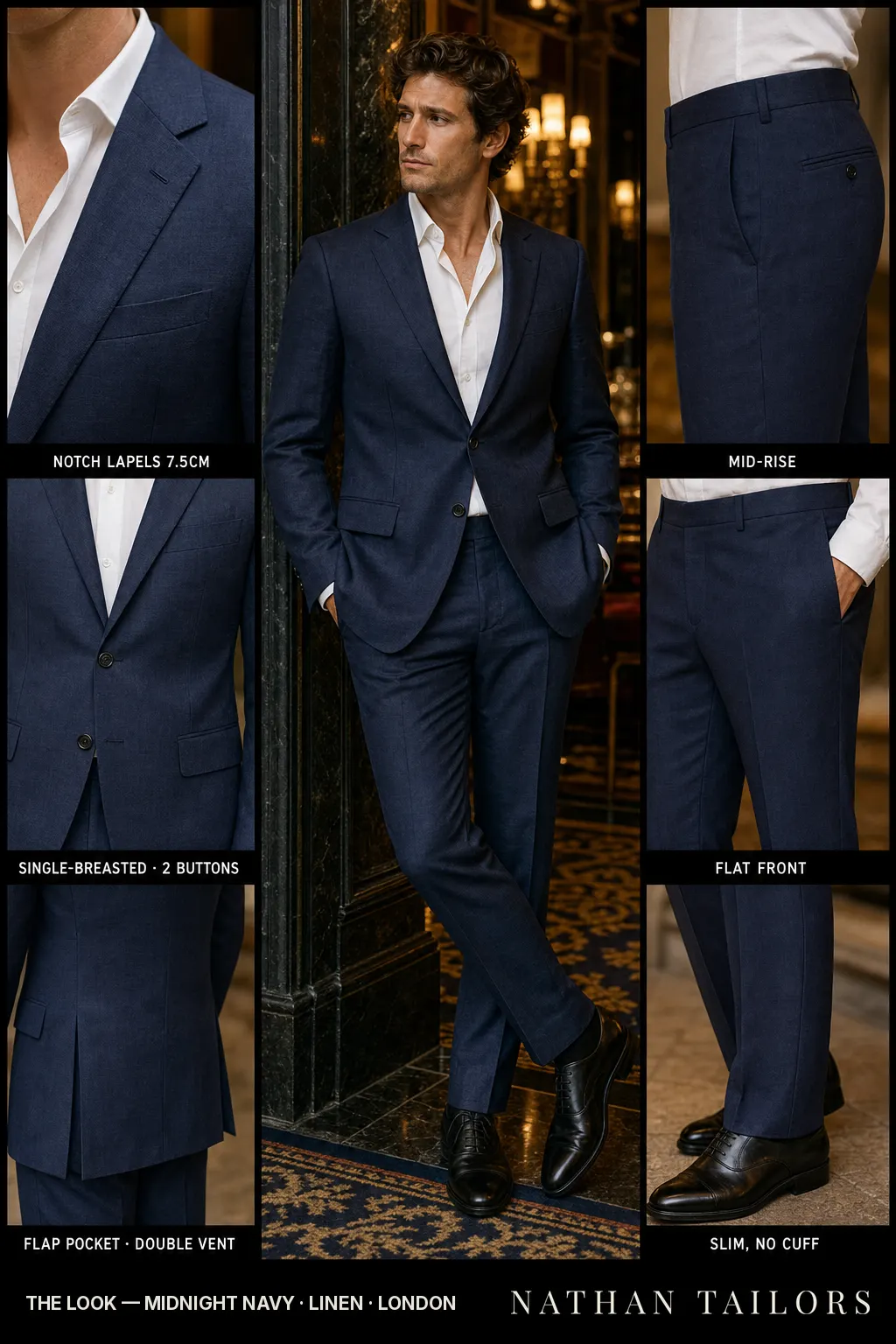 midnight navy single-breasted notch-lapel bespoke suit โ AI-rendered by Nathan Tailors, the Hoi An custom tailor. Available as a custom tailored suit from $149.