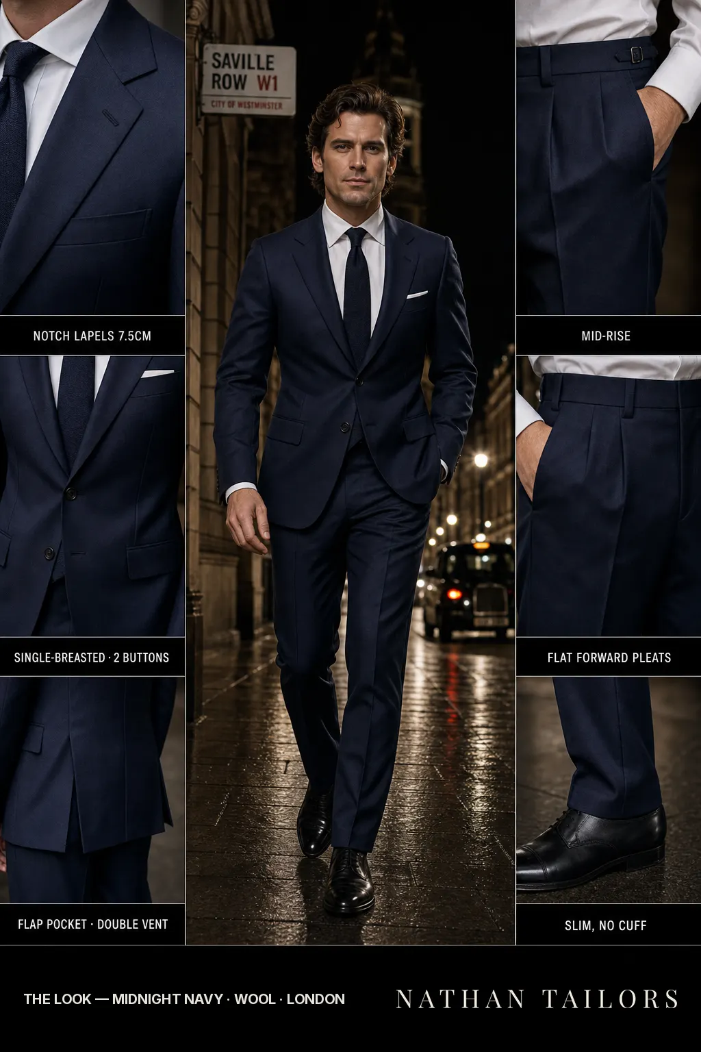 midnight navy single-breasted notch-lapel bespoke suit โ AI-rendered by Nathan Tailors, the Hoi An custom tailor. Available as a custom tailored suit from $149.