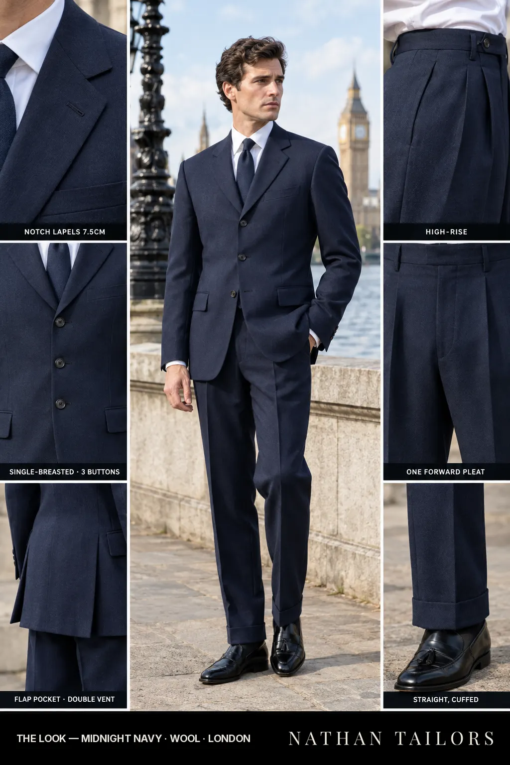 midnight navy single-breasted bespoke suit โ custom tailored by Nathan Tailors, the Hoi An custom tailor