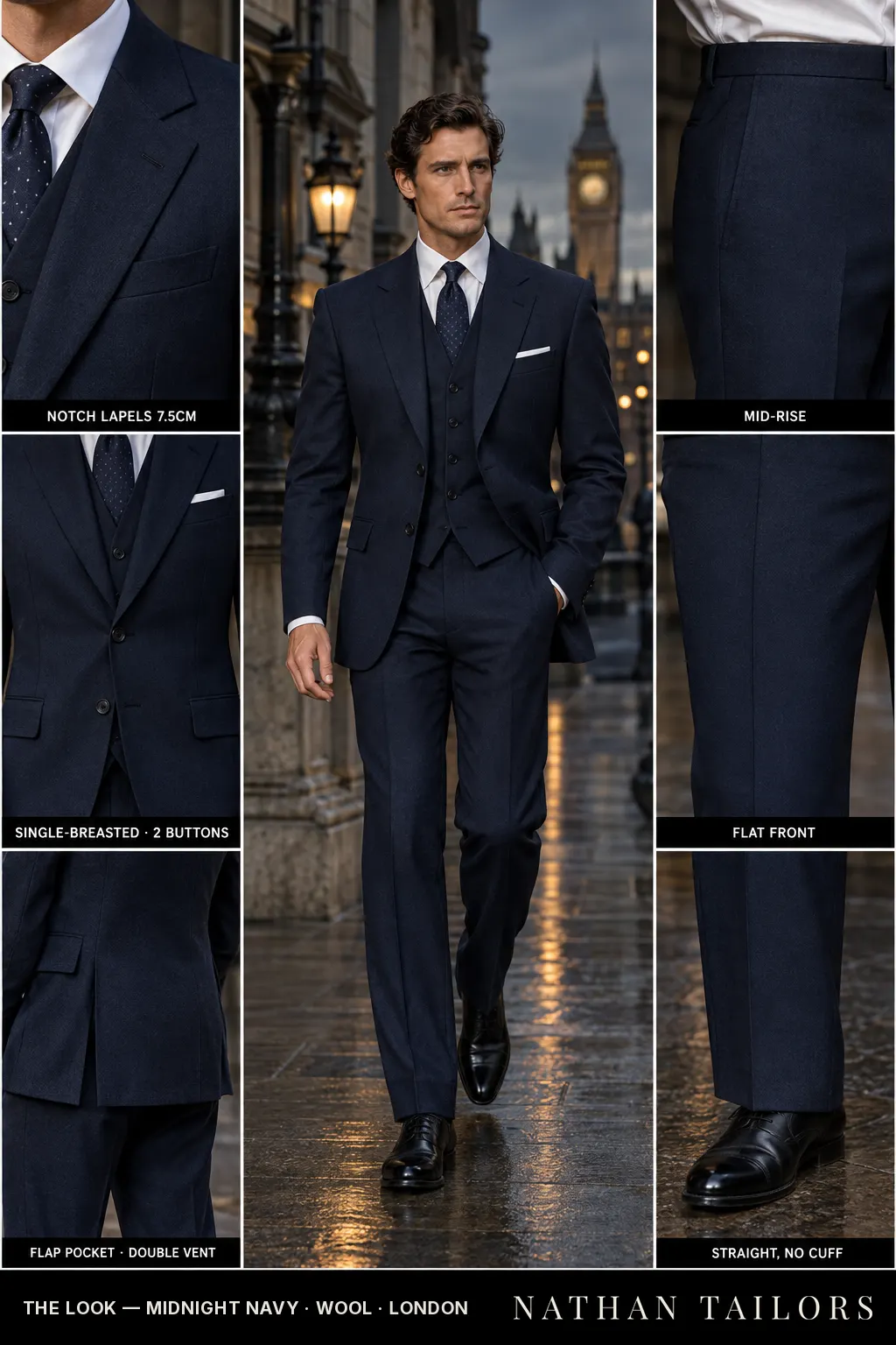 midnight navy single-breasted notch-lapel bespoke suit — AI-rendered by Nathan Tailors, the Hoi An custom tailor. Available as a custom tailored suit from $149.