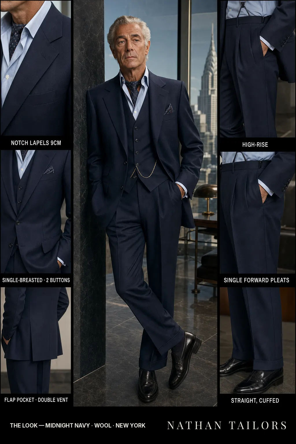 midnight navy single-breasted notch-lapel bespoke suit โ AI-rendered by Nathan Tailors, the Hoi An custom tailor. Available as a custom tailored suit from $149.