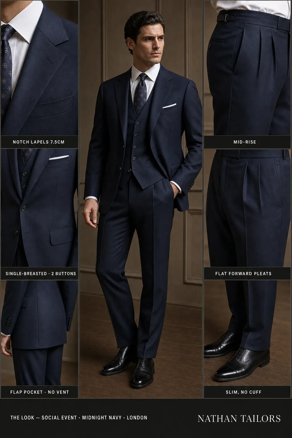 midnight navy single-breasted notch-lapel bespoke suit — AI-rendered by Nathan Tailors, the Hoi An custom tailor. Available as a custom tailored suit from $149.
