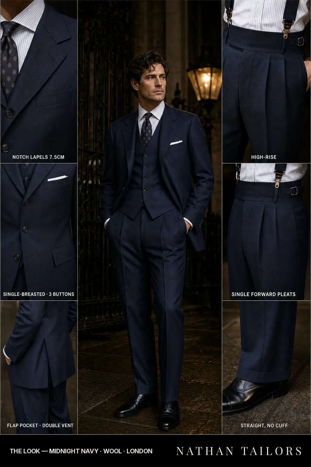midnight navy single-breasted notch-lapel bespoke suit — AI-rendered by Nathan Tailors, the Hoi An custom tailor. Available as a custom tailored suit from $149.