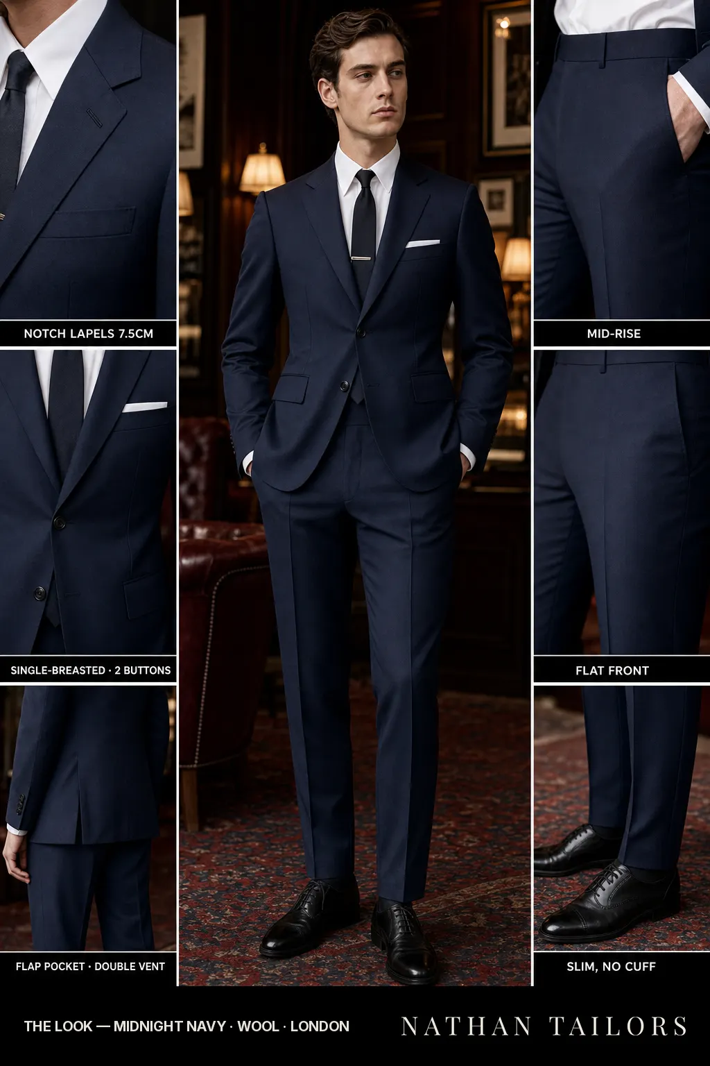 midnight navy single-breasted notch-lapel bespoke suit โ AI-rendered by Nathan Tailors, the Hoi An custom tailor. Available as a custom tailored suit from $149.