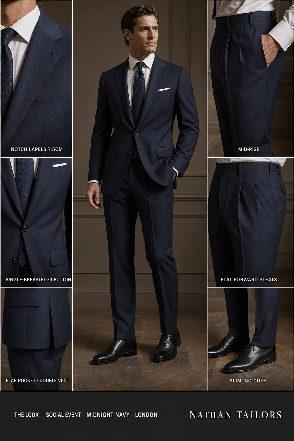 midnight navy single-breasted notch-lapel bespoke suit — AI-rendered by Nathan Tailors, the Hoi An custom tailor. Available as a custom tailored suit from $149.