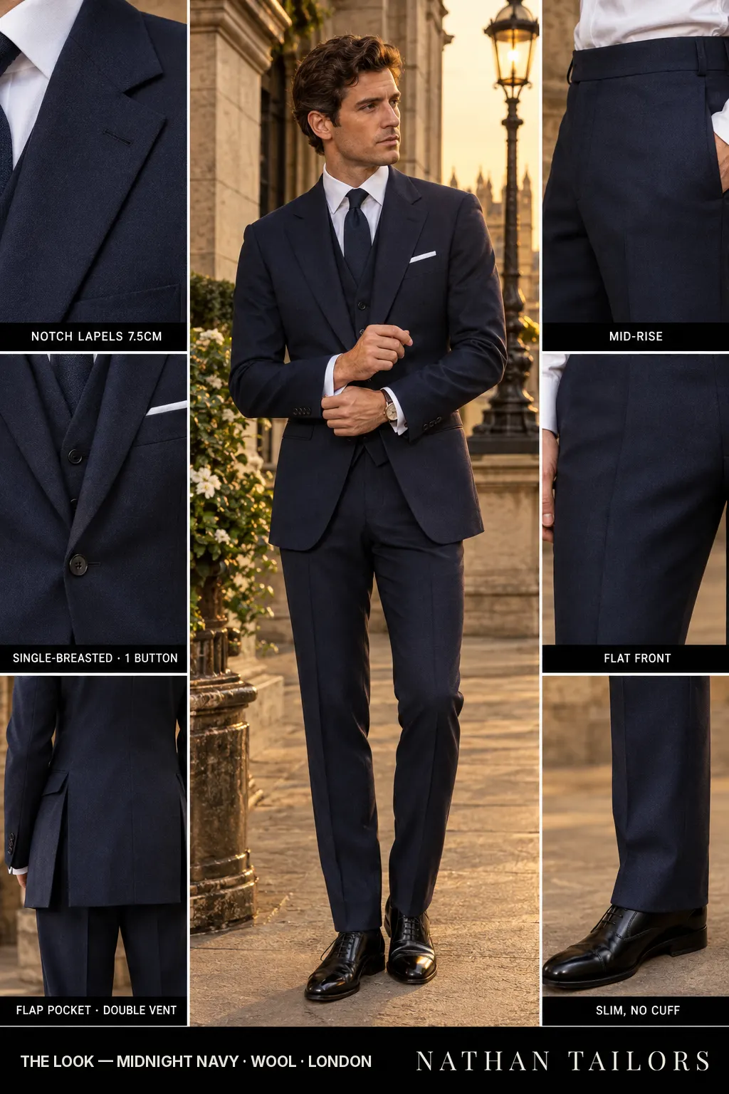 midnight navy single-breasted bespoke suit — custom tailored by Nathan Tailors, the Hoi An custom tailor
