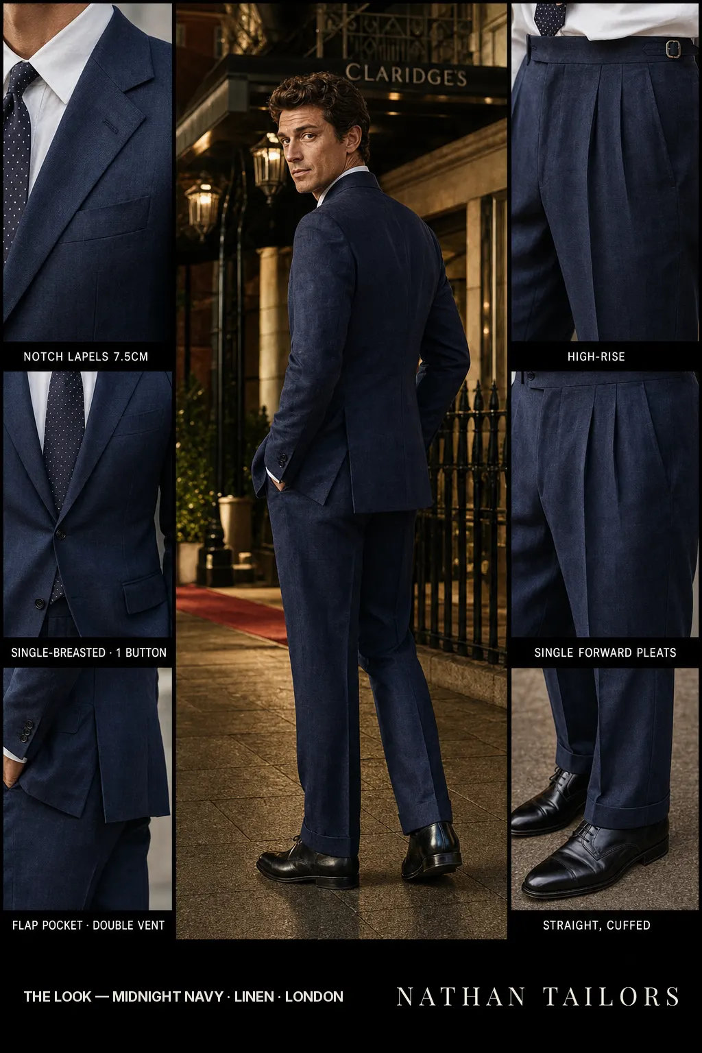 midnight navy single-breasted notch-lapel bespoke suit โ AI-rendered by Nathan Tailors, the Hoi An custom tailor. Available as a custom tailored suit from $149.