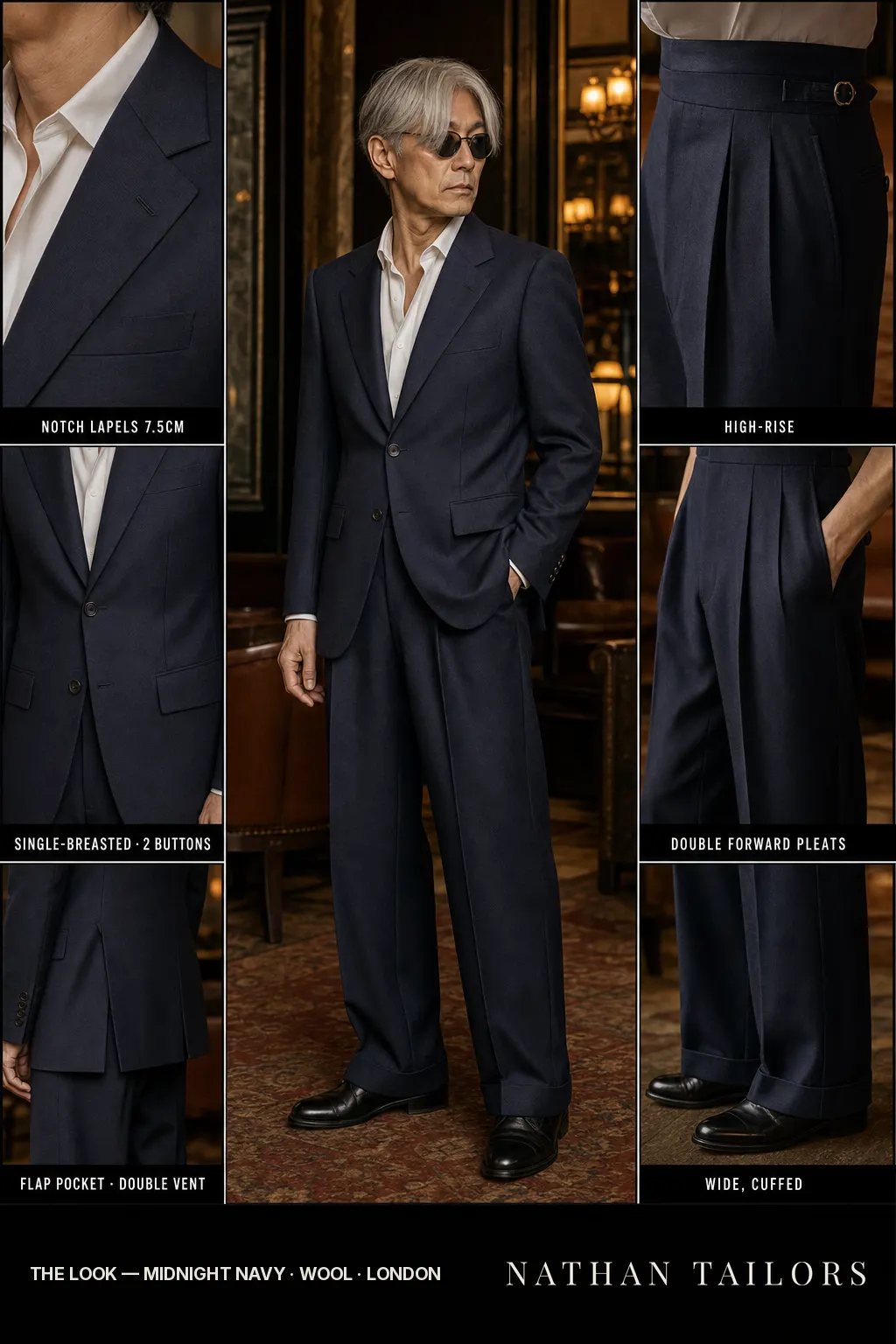 midnight navy single-breasted notch-lapel bespoke suit โ AI-rendered by Nathan Tailors, the Hoi An custom tailor. Available as a custom tailored suit from $149.