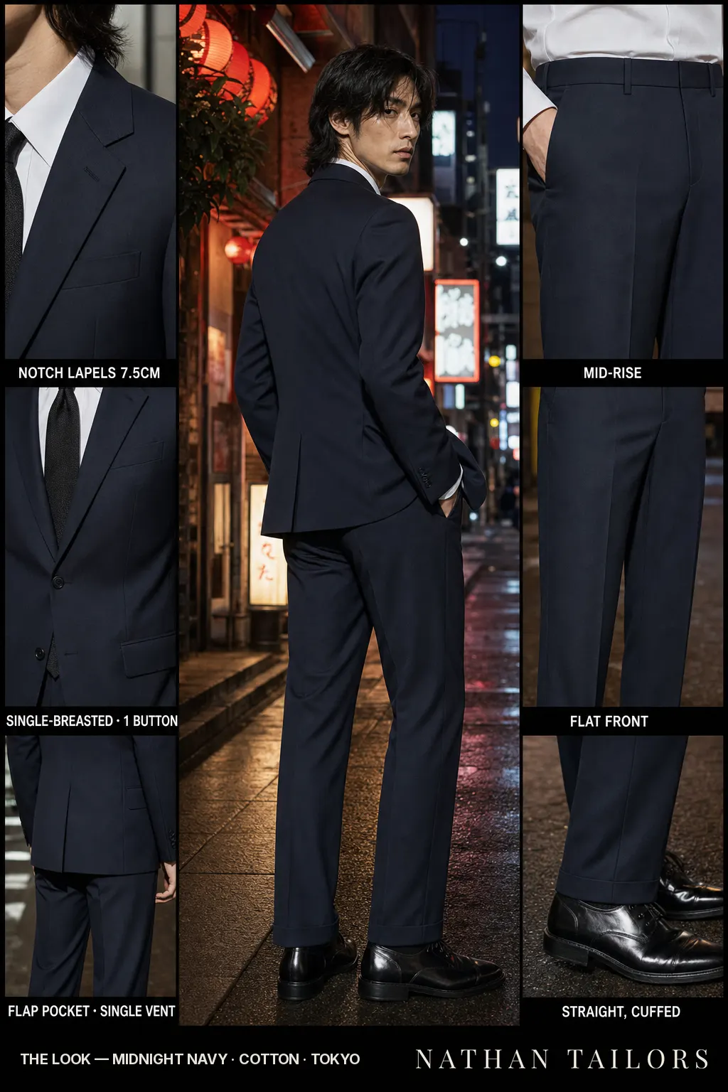 midnight navy single-breasted notch-lapel bespoke suit — AI-rendered by Nathan Tailors, the Hoi An custom tailor. Available as a custom tailored suit from $149.