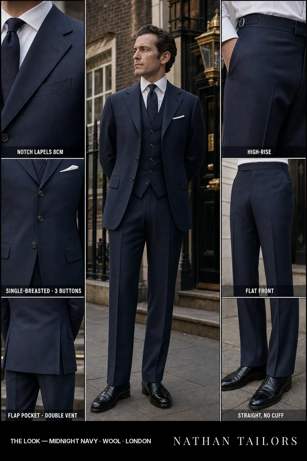 midnight navy single-breasted notch-lapel bespoke suit — AI-rendered by Nathan Tailors, the Hoi An custom tailor. Available as a custom tailored suit from $149.