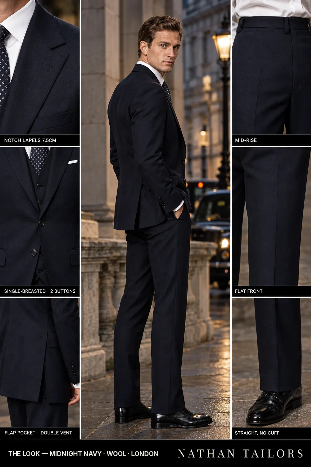 midnight navy single-breasted notch-lapel bespoke suit — AI-rendered by Nathan Tailors, the Hoi An custom tailor. Available as a custom tailored suit from $149.