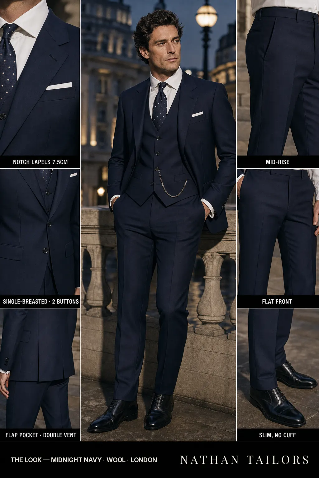 midnight navy single-breasted notch-lapel bespoke suit โ AI-rendered by Nathan Tailors, the Hoi An custom tailor. Available as a custom tailored suit from $149.