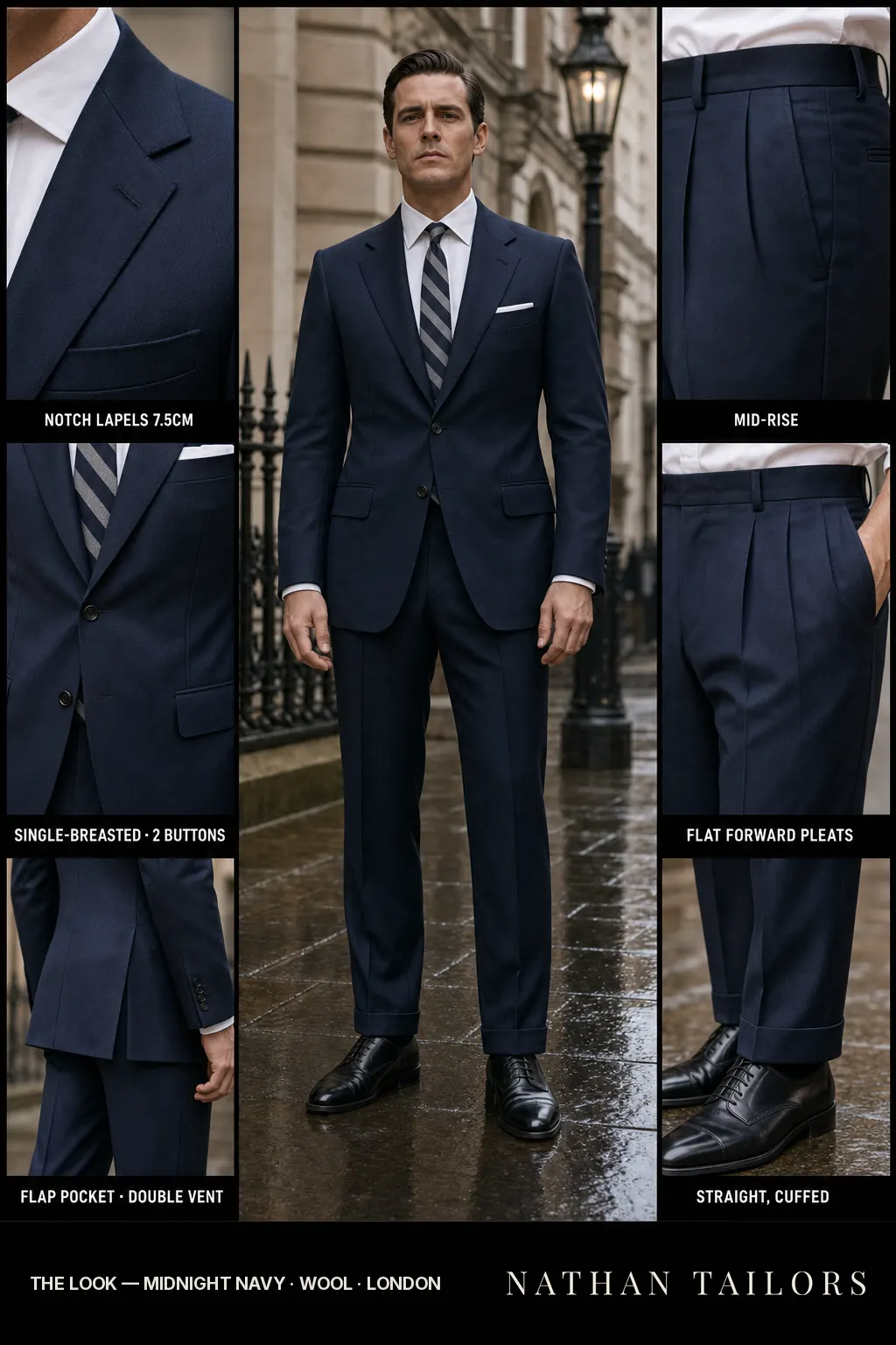 midnight navy single-breasted notch-lapel bespoke suit โ AI-rendered by Nathan Tailors, the Hoi An custom tailor. Available as a custom tailored suit from $169.