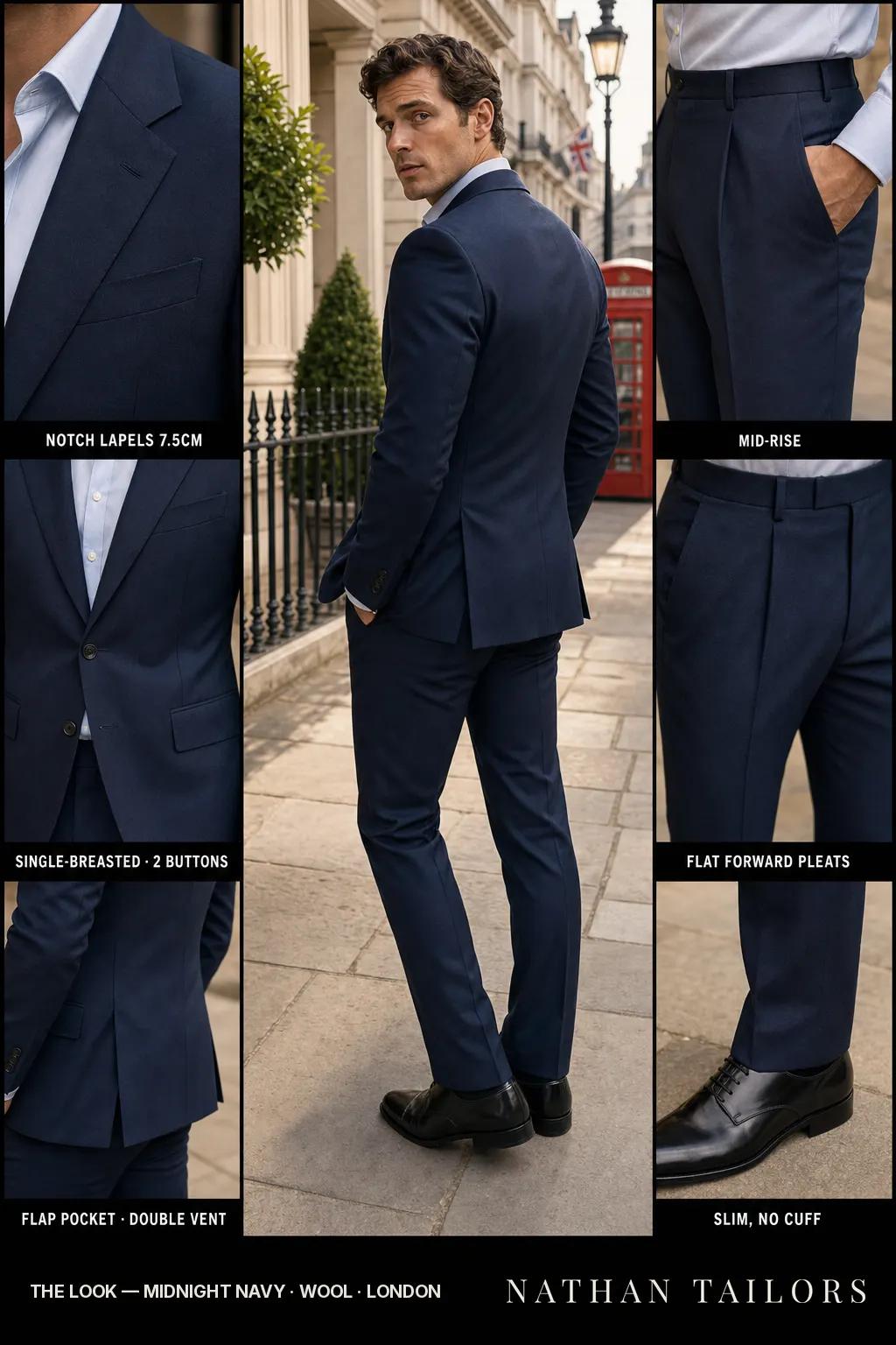 midnight navy single-breasted notch-lapel bespoke suit โ AI-rendered by Nathan Tailors, the Hoi An custom tailor. Available as a custom tailored suit from $149.