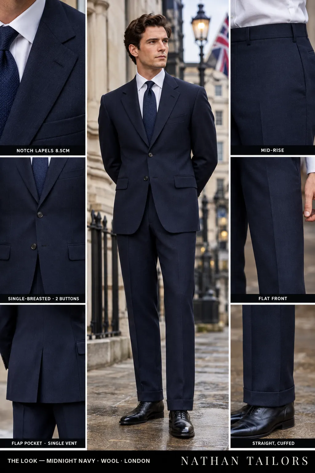 midnight navy single-breasted notch-lapel bespoke suit โ AI-rendered by Nathan Tailors, the Hoi An custom tailor. Available as a custom tailored suit from $149.