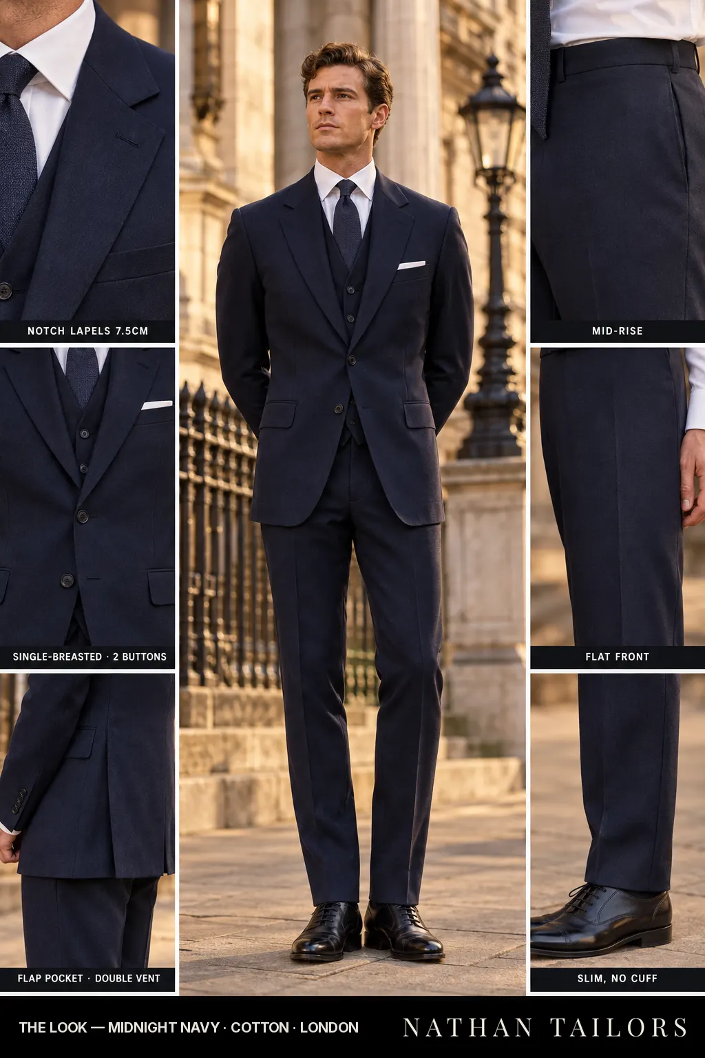 midnight navy single-breasted bespoke suit — custom tailored by Nathan Tailors, the Hoi An custom tailor