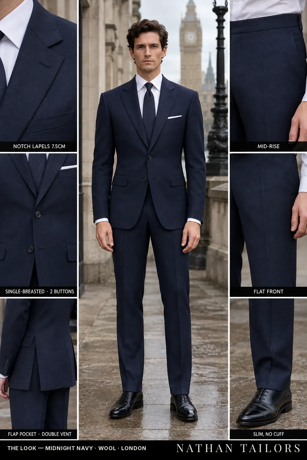 midnight navy single-breasted bespoke suit โ custom tailored by Nathan Tailors, the Hoi An custom tailor