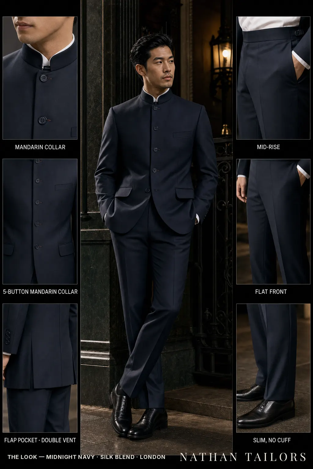 midnight navy single-breasted notch-lapel bespoke suit — AI-rendered by Nathan Tailors, the Hoi An custom tailor. Available as a custom tailored suit from $149.
